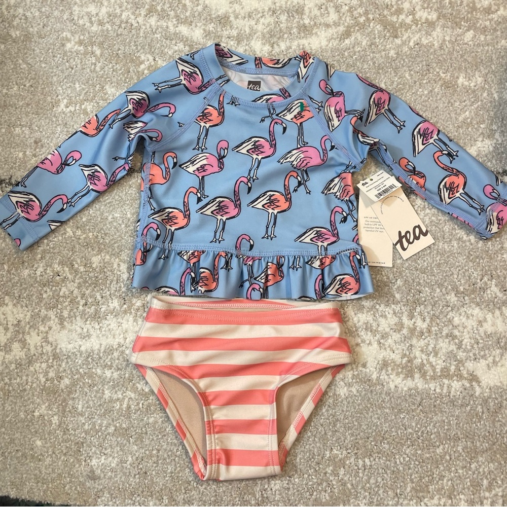 Tea Collection Fabulous Flamingos Rash Guard Baby Swim Set 3-6M Blue Pink NWT